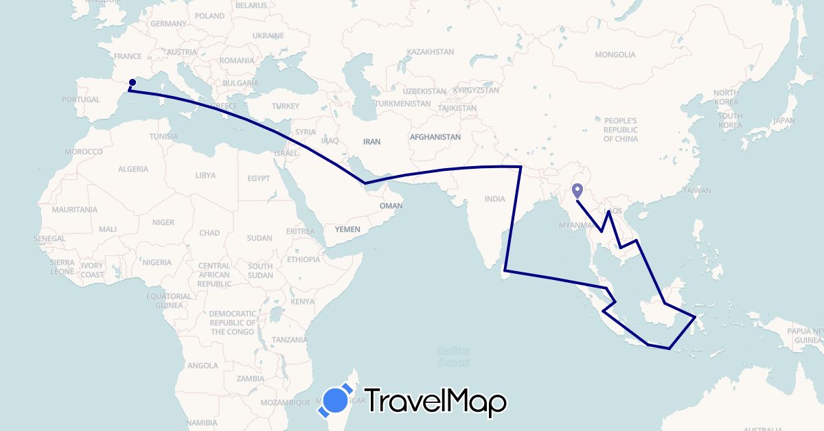 TravelMap itinerary: driving in Spain, France, Indonesia, Cambodia, Laos, Sri Lanka, Myanmar (Burma), Malaysia, Nepal, Qatar, Singapore, Thailand, Vietnam (Asia, Europe)